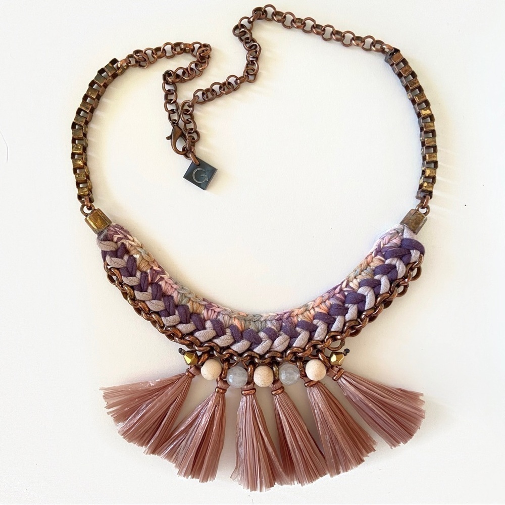 GUDBLING Boho Raffia Tassel & Crochet Statement Necklace